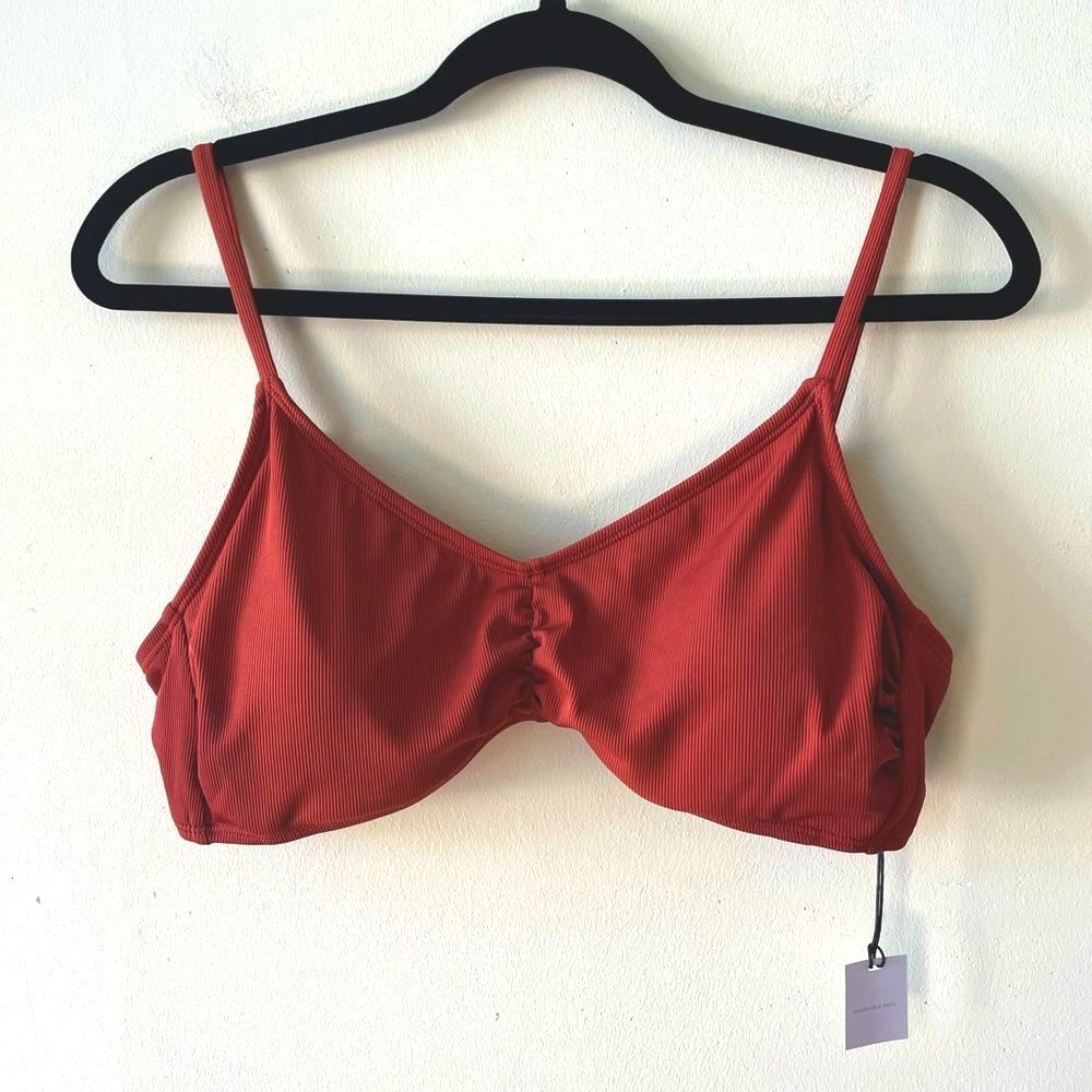 Shade & Shore Brown Shirred Ribbed Bralette Bikini Swim Top Size Large NWT